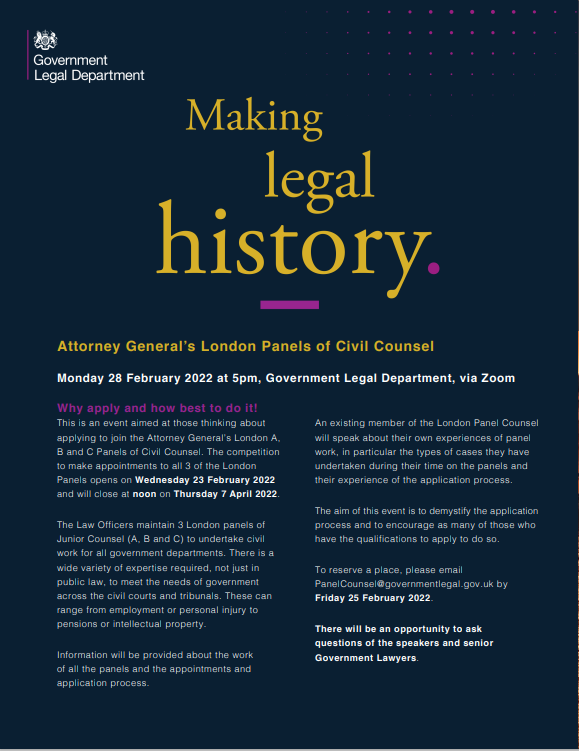 sahca's tweet photo. Are any SAHCA members interested in applying during the current round for one of the AG's London Civil Counsel panels? If so, this event (Monday, 28th Feb, via Zoom) might be of interest. Please note that you have to request a place by tomorrow (Friday, 25th Feb) https://t.co/P1azUSZSWx