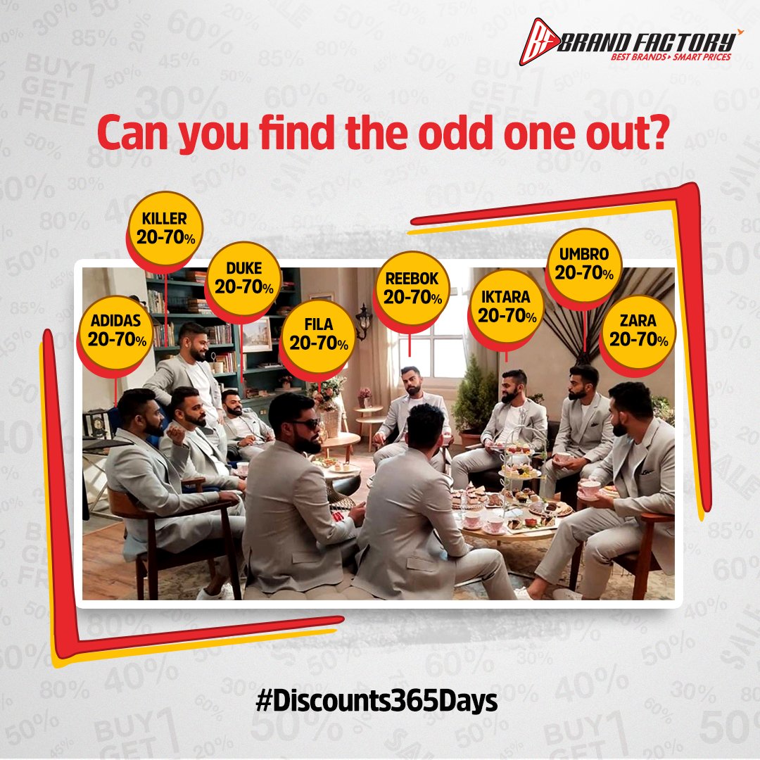 Virat discounts, 365 days! 
Comment down your answers below. Lucky winner to get free t-shirt, don't miss your chance!😉

#OddOneOut #HappyShopping #ShopNow #BigDiscounts #Men #Women #Discounts #Offers #Brands #Branded #Mood #Apparels #Style #BrandFactory #Discounts365Days