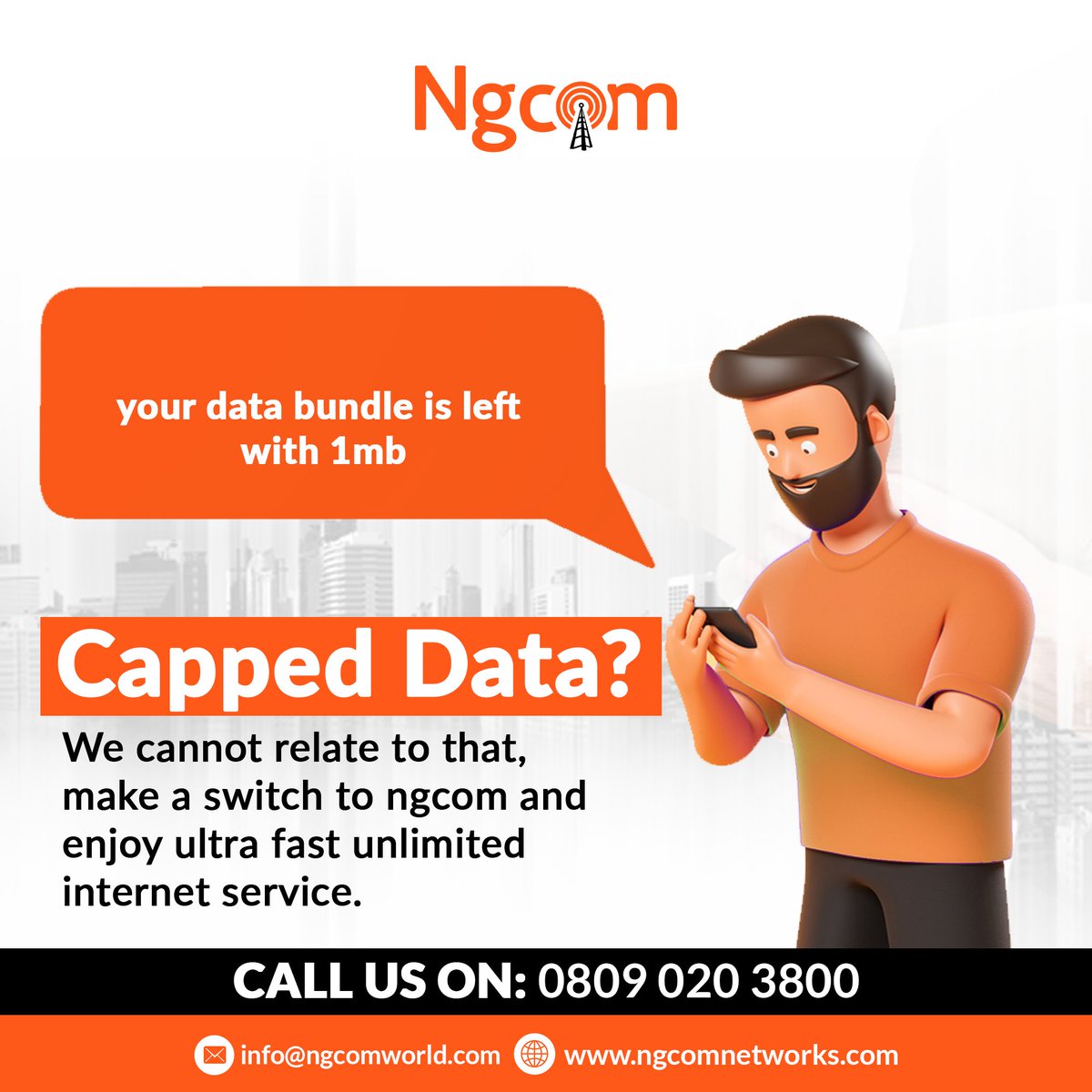 ngcom_net's tweet photo. At Ngcom Networks, when we say it is unlimited, it truly is.
We do not relate to internet service with capped data.
CALL US ON: 08090203800 today and lets help you make them switch with ease.
#ngcom #ngcomnetworks #UnlimitedInternet #nodatacap #internetserviceprovider https://t.co/7Vk0RZBk4n