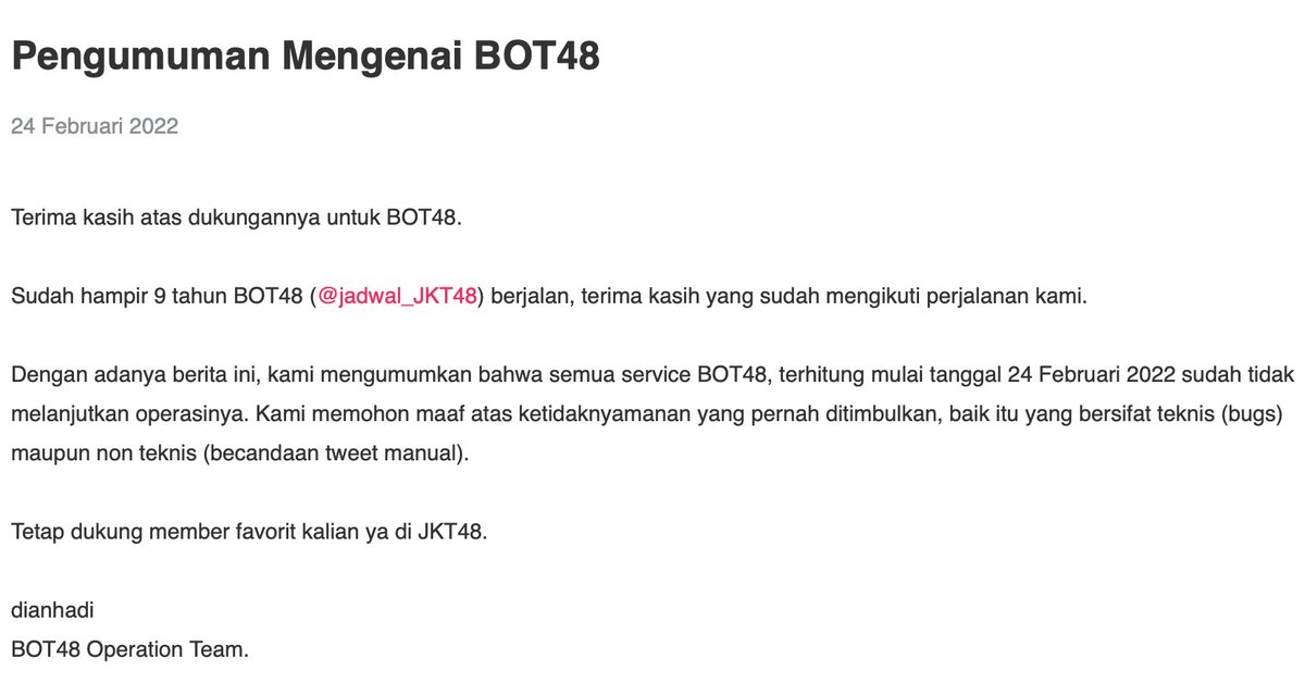 [NEWS] Pengumuman Mengenai BOT48
bot48.github.io/news/detail/