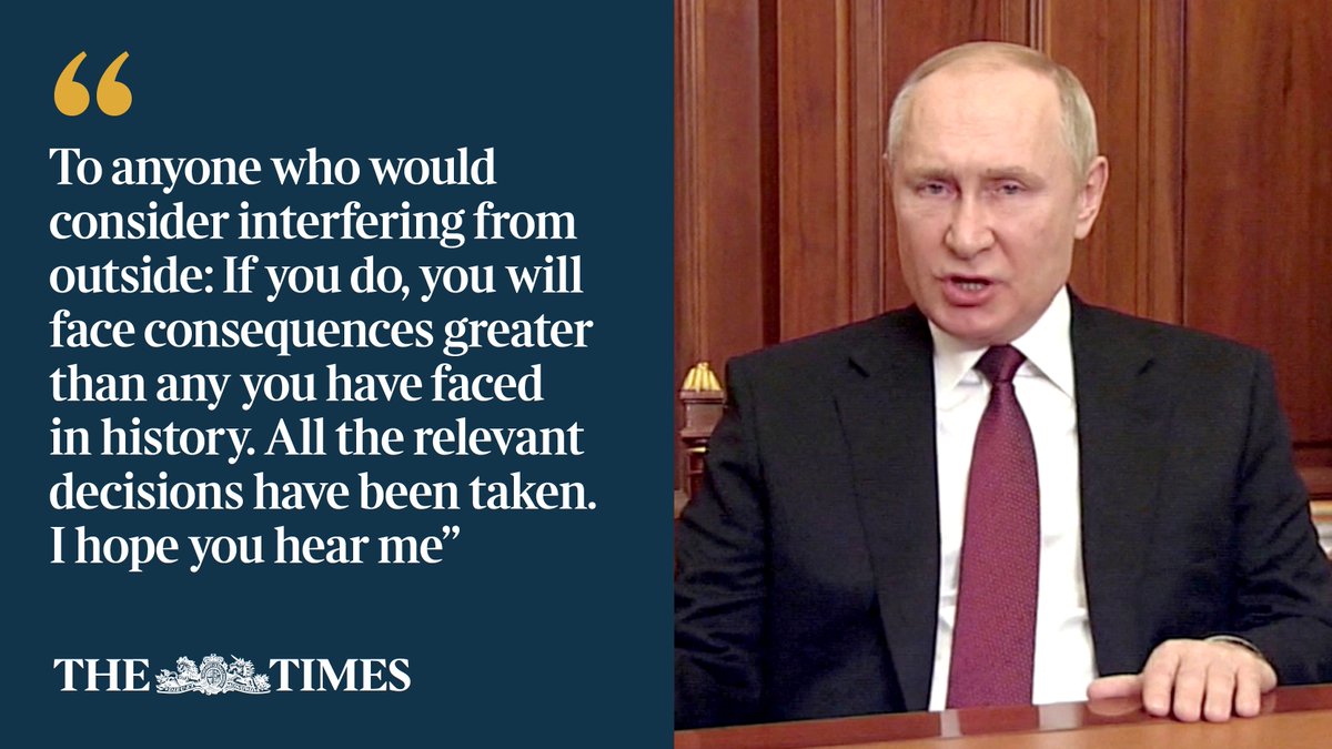 thetimes's tweet photo. 🗣 Putin offered a chilling warning to any western allies who might consider coming to Ukraine’s aide

https://t.co/tKwh3Khf6o https://t.co/1uCci9NJke