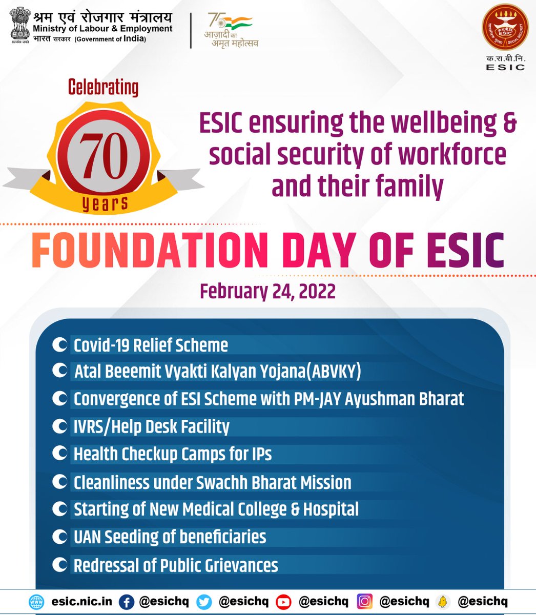 esichq's tweet photo. #ESIC ensuring the wellbeing &amp; social security of workforce and their family.

#ESICFoundationDay #70YearsofESIC #AmritMahotsav 
@byadavbjp @Rameswar_Teli @AmritMahotsav https://t.co/gj2WZwb8Ax