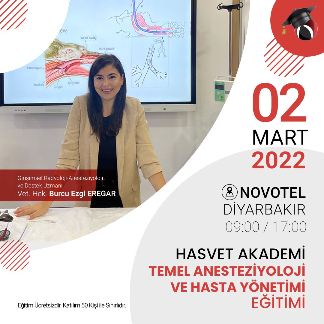 hasvetmedikal's tweet photo. Girişimsel Radyoloji-Anesteziyoloji ve Destek Uzmanı Vet.Hek.Burcu Ezgi Eregar sunumu ile "Temel Anesteziyoloji ve Hasta Yönetimi Eğitimi" 2 Mart 2022 tarihinde 09:00-17:00 saatleri arasında Novotel Diyarbakır'da gerçekleştirecektir.
Kayıt olmak için:
Osman Tatar: 0537 398 26 85 https://t.co/eGgpsaLAya