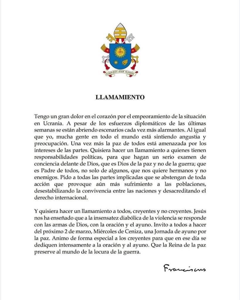 SantaCruzRonda's tweet photo. Ante el empeoramiento de la situación en #Ucrania, el Santo Padre nos convoca a realizar una jornada extraordinaria de oración por la #Paz el próximo Miércoles de Ceniza, 2 de marzo.

Como hijos de Caridad y Esperanza, pedimos a todos nuestros fieles unirse a este llamamiento. https://t.co/aQqpM4gMQY
