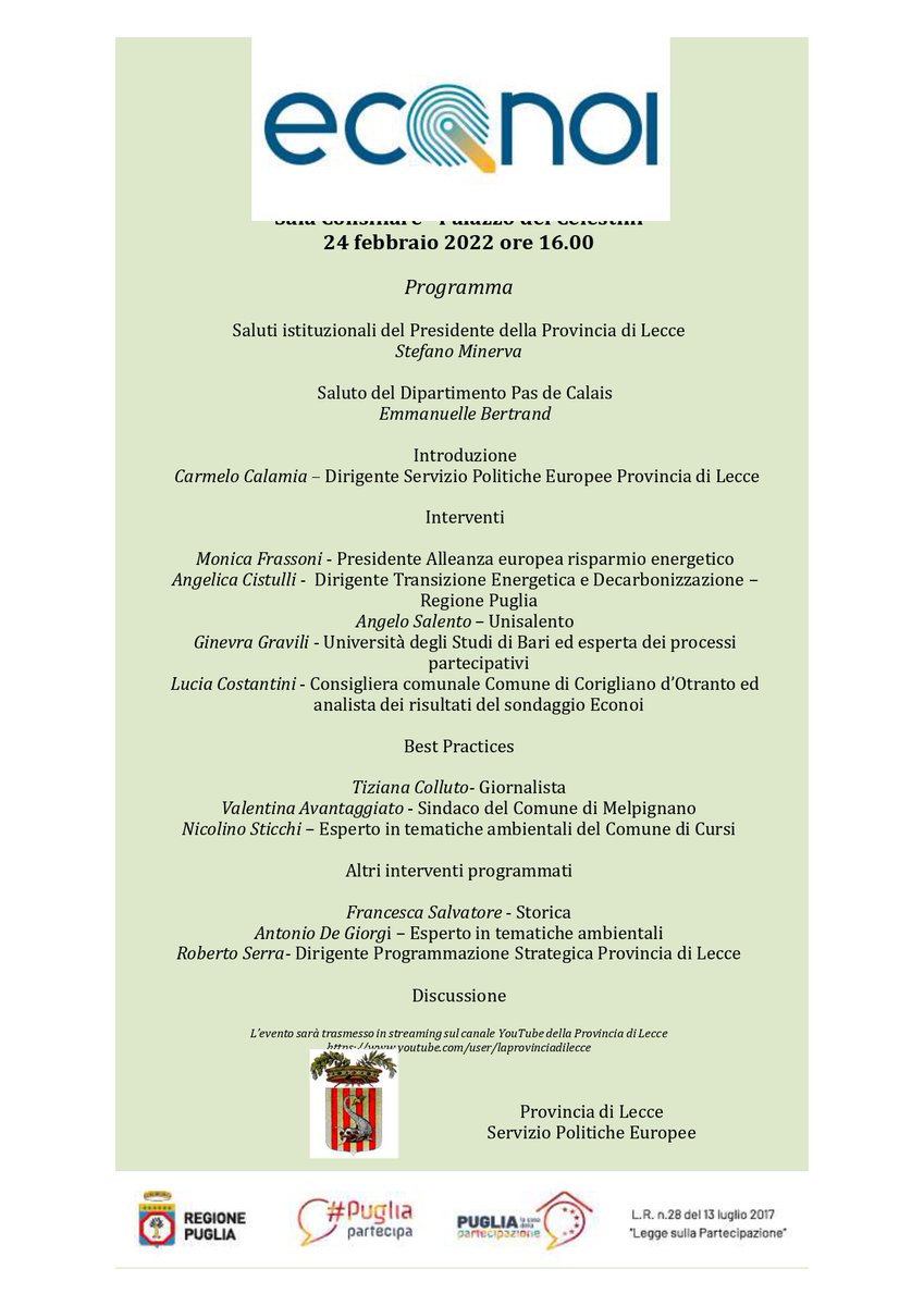 Progetto “Econoi” della #ProvinciadiLecce. Oggi l'ultimo appuntamento, presso la Sala consiliare di Palazzo dei Celestini a Lecce