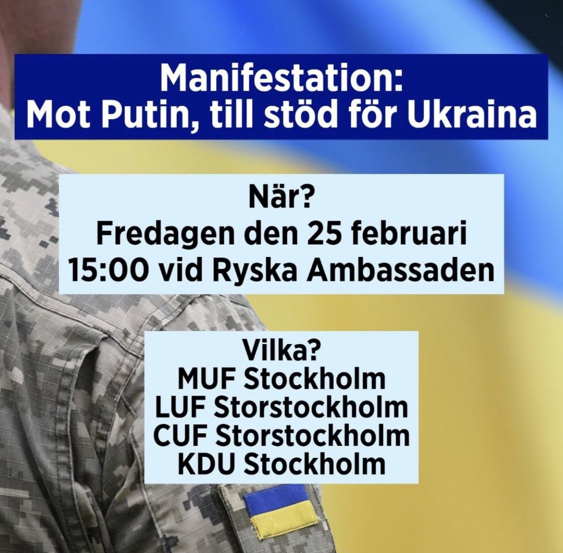 vendelama's tweet photo. Över 40 personer har hittills dödats i Ukraina efter ryska invasionen. Nu måste vi visa vårt stöd för ukrainska folket och manifestera mot Putin. https://t.co/jPw0yFTBag