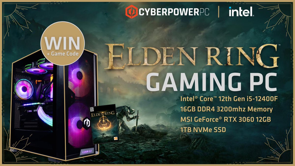 CyberPowerPC_UK's tweet image. 🚨#EldenRing PC Giveaway🚨

Win an Elden Ring Gaming PC + Game Code!
✅@IntelUK Core™ i5-12400F
✅@MSI__UK GeForce® RTX 3060 12GB
✅1TB NVMe SSD
🚨WORTH £1350! 

UK ONLY - Ends 27/3/22

Like this post for good luck.😉

ENTER NOW!
👉 bit.ly/3BKxYzY 👈