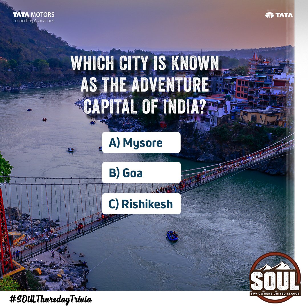 TataMotors_Cars's tweet image. #SOULThursdayTrivia is here to give you major vacation vibes!
Got it right? Share your answers with us!
Hint – This city is known for water sports over the Ganges!

#DriveWithSOUL #ConnectWithSOUL #WeAreSOUL #Safari #Harrier #TataHarrier #AboveAll #TataSafari #ReclaimYourLife