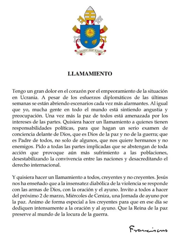 silviojbaez's tweet photo. Con “gran dolor en el corazón, por el empeoramiento de la situación en Ucrania”, el Papa pide a las partes “que se abstengan de toda acción que provoque aún más sufrimiento a las poblaciones y desestabilizando la convivencia entre las naciones y el derecho internacional". https://t.co/HbXDN8seVP