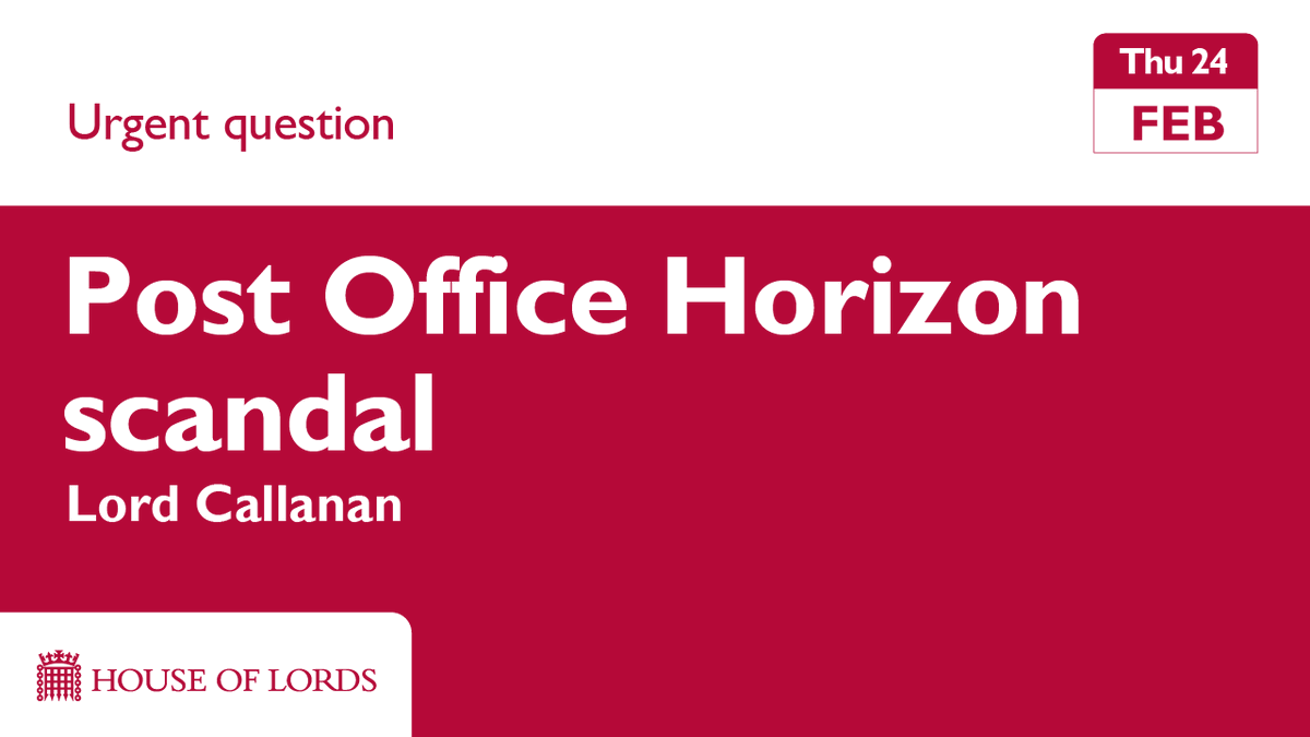UKHouseofLords's tweet photo. Also confirmed, following #LordsQs members question government on compensation for those impacted by the Post Office #HorizonScandal.
📺 Watch live from approx 11.45am https://t.co/6loAdZW0Zj https://t.co/Ay0B8ZL7E3