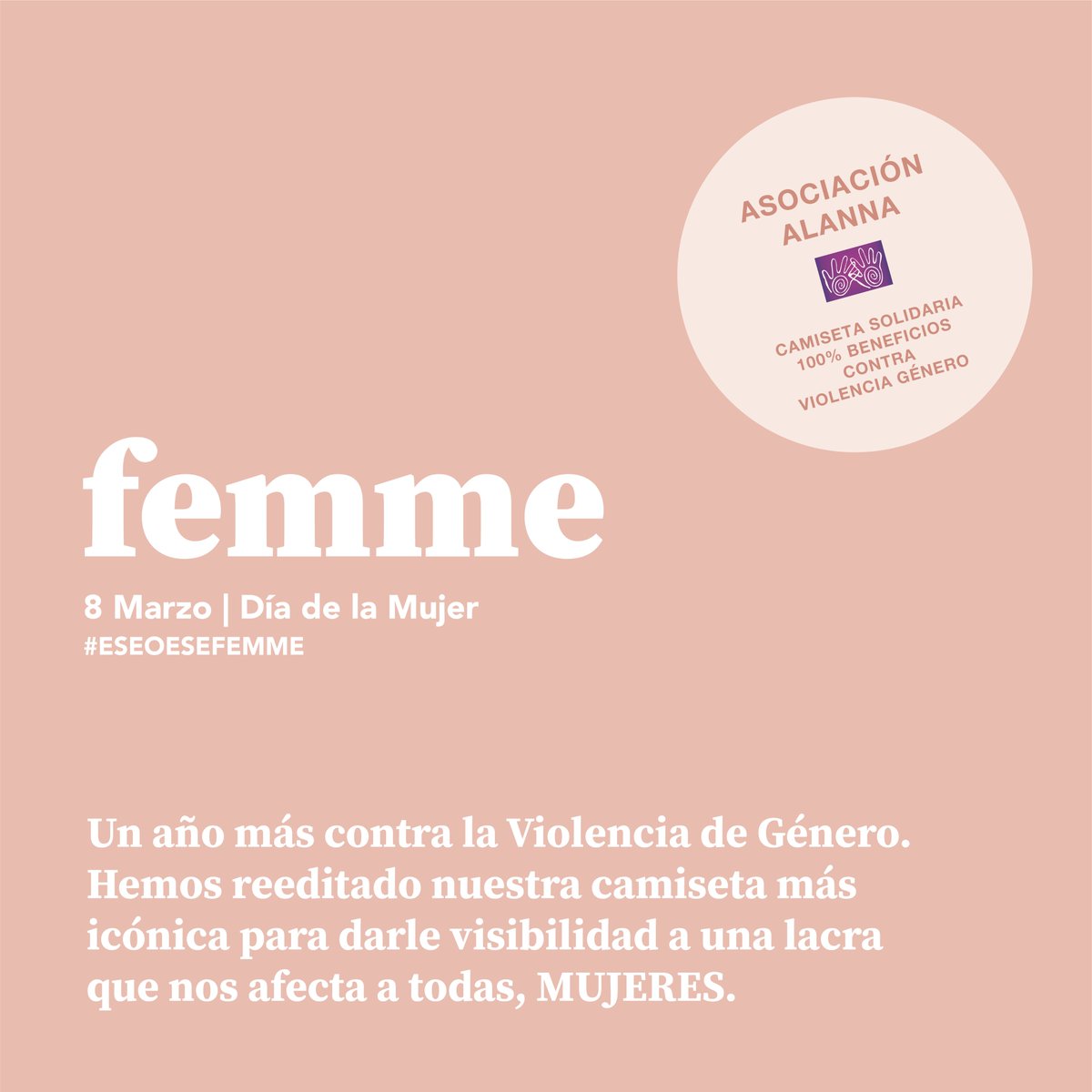 modaeseoese's tweet photo. #eseoesefemme 💜 | https://t.co/3eX4hJX1wp

Un año más contra la Violencia de Género, reeditando nuestra camiseta más icónica. Más solidaria. Más guerrera. 

100% de los beneficios de la camiseta Femme destinados a la Asociación Alanna en su lucha contra la violencia de género. https://t.co/fvKLyoqQDq