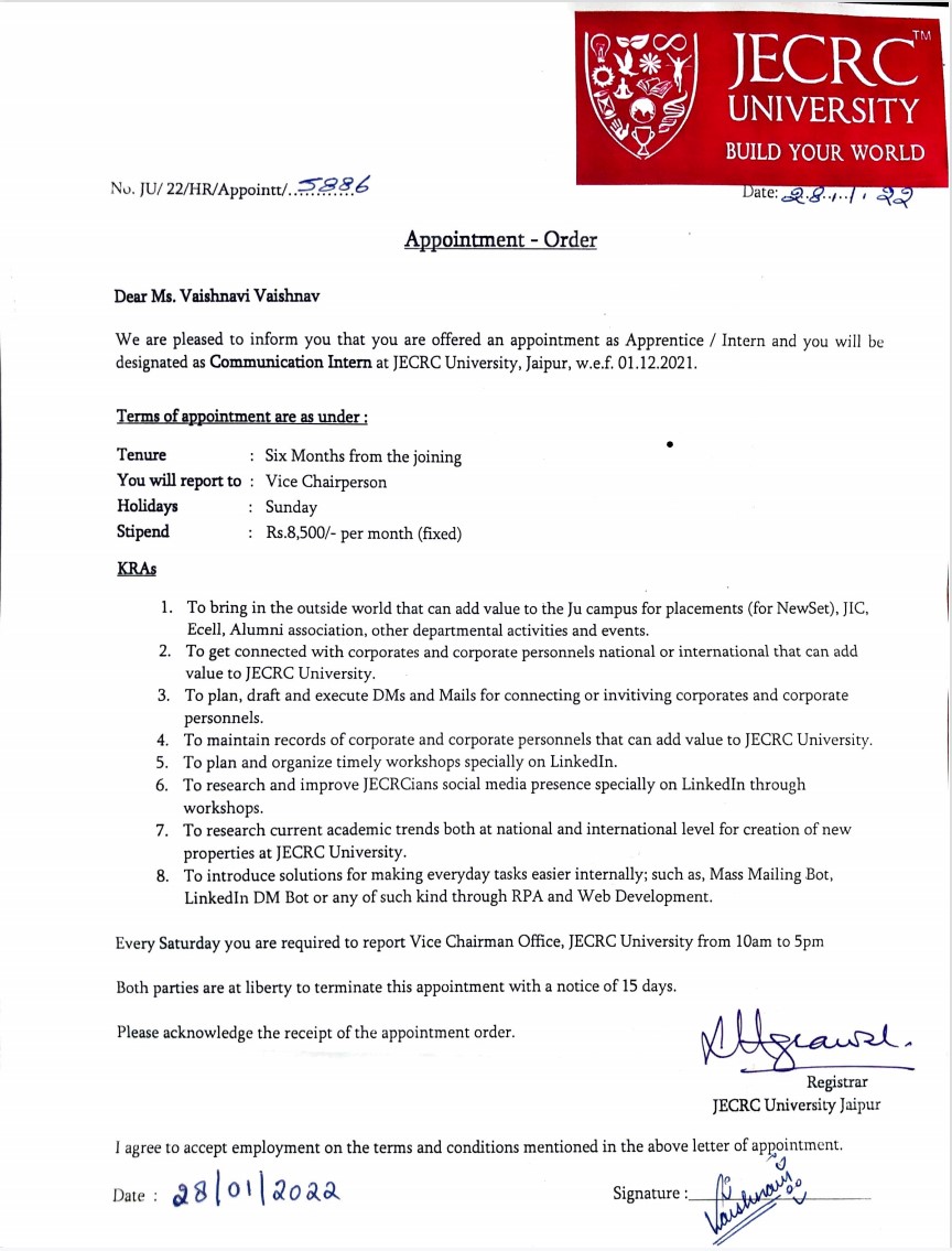 I've been hired as a Corporate Communication Intern at <a href="/jecrcuniversity/">JECRC University</a>, I'm elated but additionally a lot nervous. I don’t know how to describe my feelings right now 😄happy, excited, nervous all at once.

#communicationintern #corporate #internship2021