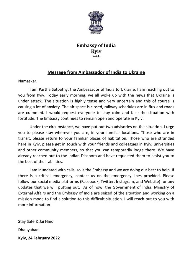 The Embassy continues to remain open and operate in Kyiv; We are working on mission mode to find a solution to this difficult situation, says Indian Ambassador to Ukraine Partha Satpathy