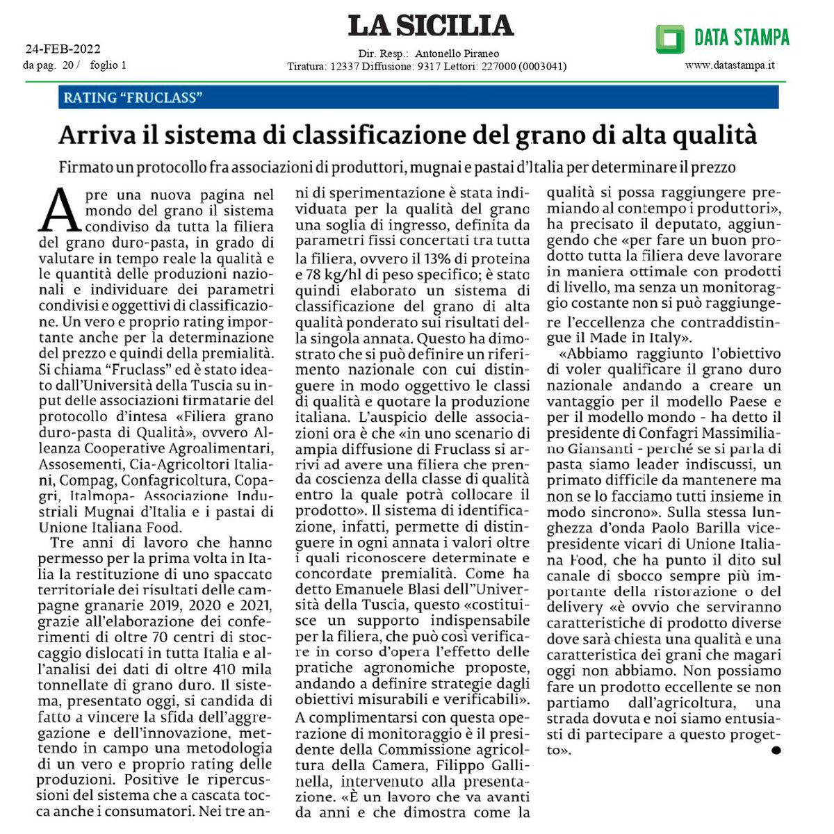 Copagri's tweet photo. Con l'innovativo sistema #FRUCLASS, realizzato su impulso della filiera #granoduro-#semola-#pasta, arriva il rating per la classificazione del grano di alto #qualità; l'approfondimento dell'edizione odierna de @lasicilia. https://t.co/Z4KcWoCpmt