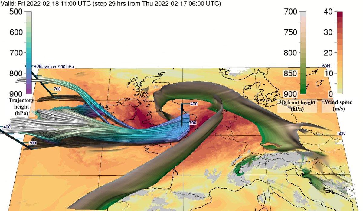 an_beckert's tweet photo. Descending #stingjet trajectories in the vicinity of frontal fracture as shown by @LeaEisenstein and 3D fronts of #StormEunice / #Zeynep visualized with @Met_3D. https://t.co/uuuy77YcB5