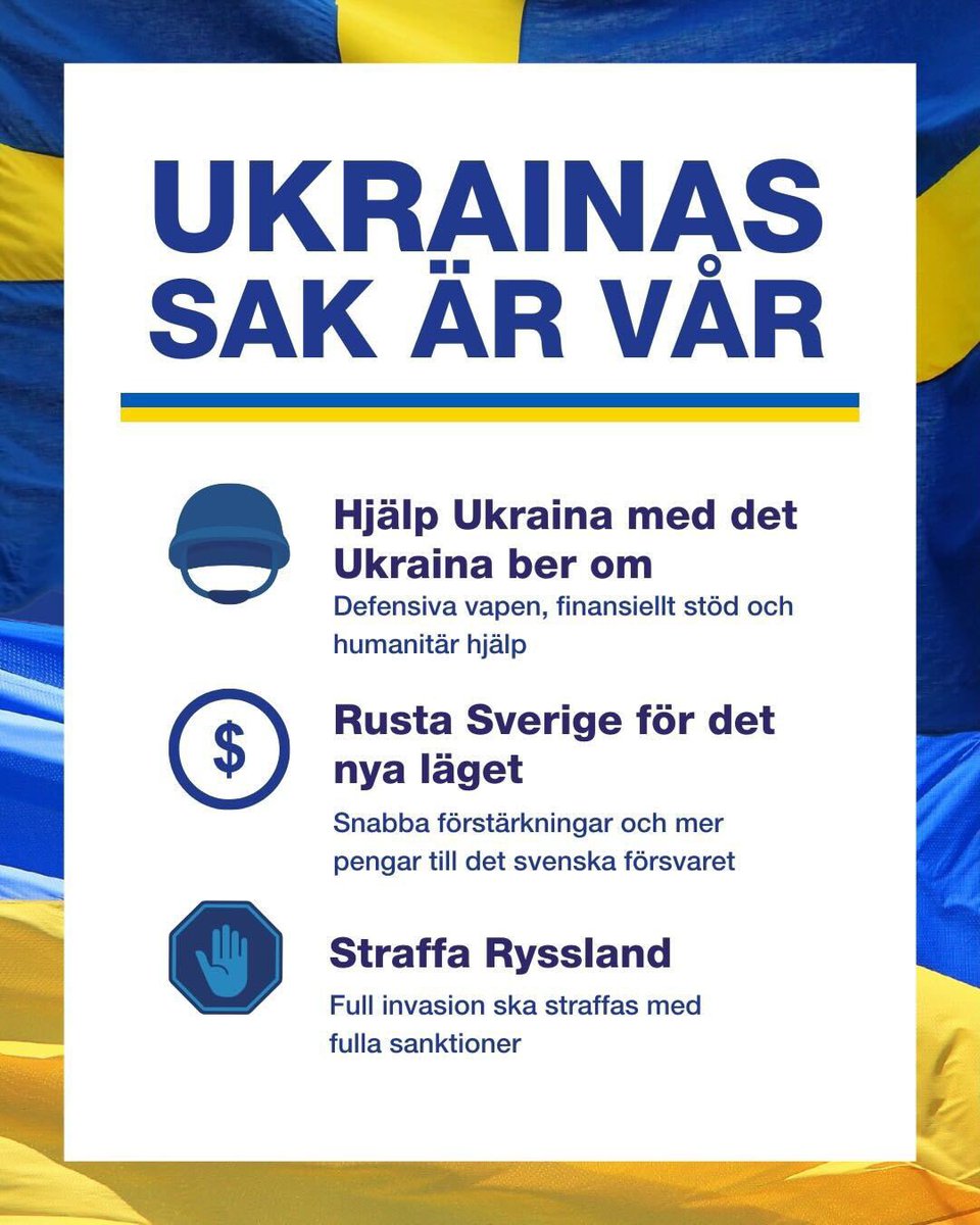moderaterna's tweet photo. I ett historiskt säkerhetspolitiskt läge får vi inte göra för lite och inte agera för sent. Ukrainas sak är vår. Och det ukrainska folket ska känna Sveriges helhjärtade stöd. https://t.co/lh91l8xdGD