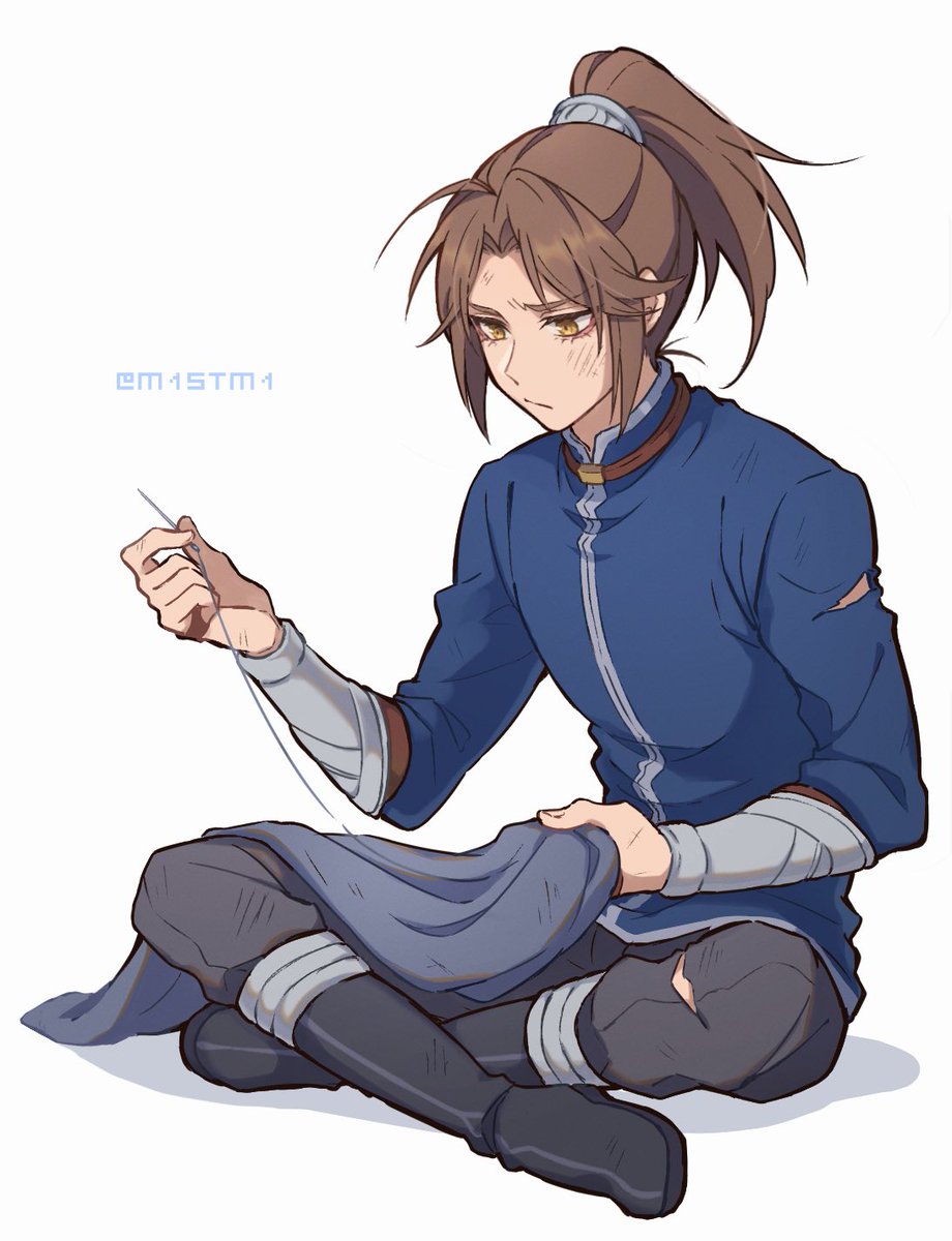 needle brown hair solo ponytail male focus 1boy holding needle  illustration images