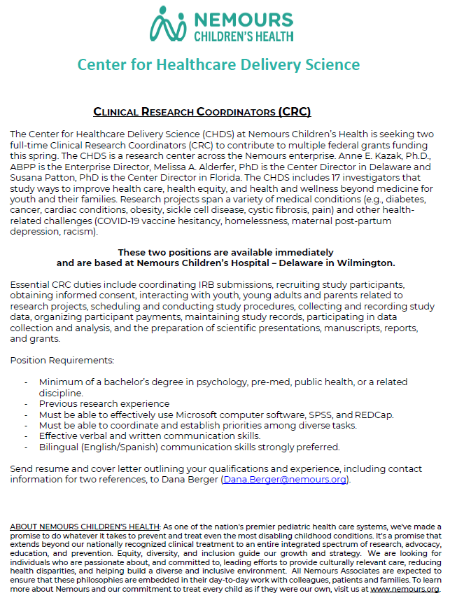 Come join the CHDS Wilmington team! We are hiring two Research Coordinators to work on some exciting upcoming federally funded projects. Previous research experience required and #Bilingual (English/Spanish) preferred. Email CV and cover letter to Dana.Berger@nemours.org