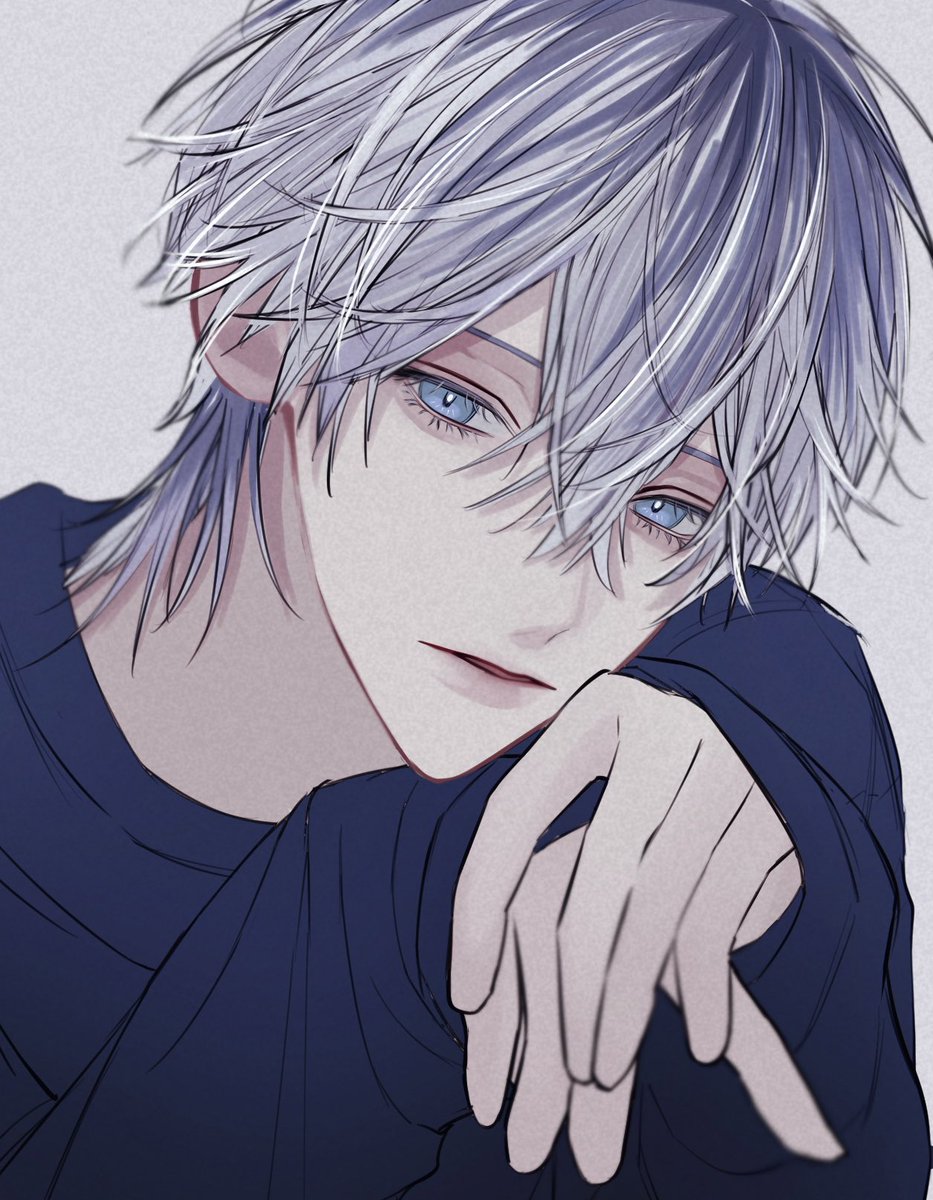 1boy male focus solo blue eyes looking at viewer white hair long sleeves  illustration images