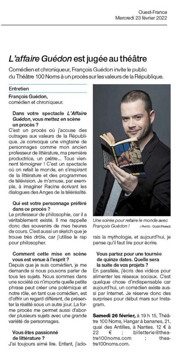 François Guédon sera présent à Nantes au <a href="/theatre100noms/">Théâtre 100 Noms</a> le 26 février ! ✨
Réservez vite vos places ➡️ cutt.ly/9PZ4ASR 🎟
<a href="/OuestFrance/">Ouest-France</a>