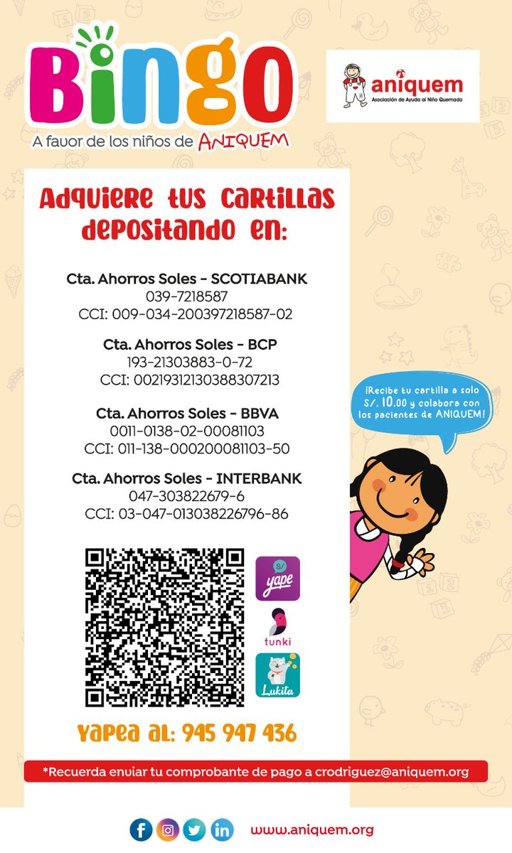 Hoy es el Bingo a favor de los niños y niñas de <a href="/Aniquem/">Aniquem</a> 
Te dejo toda la información para ayudarlos a que sigan ayudando!!!