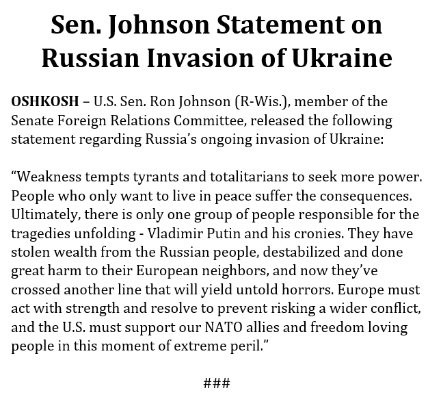 SenRonJohnson's tweet image. There is only one group of people responsible for the tragedies unfolding – Putin and his cronies. Europe must act with strength and resolve to prevent risking a wider conflict, and the U.S. must support our NATO allies and freedom loving people in this moment of extreme peril.