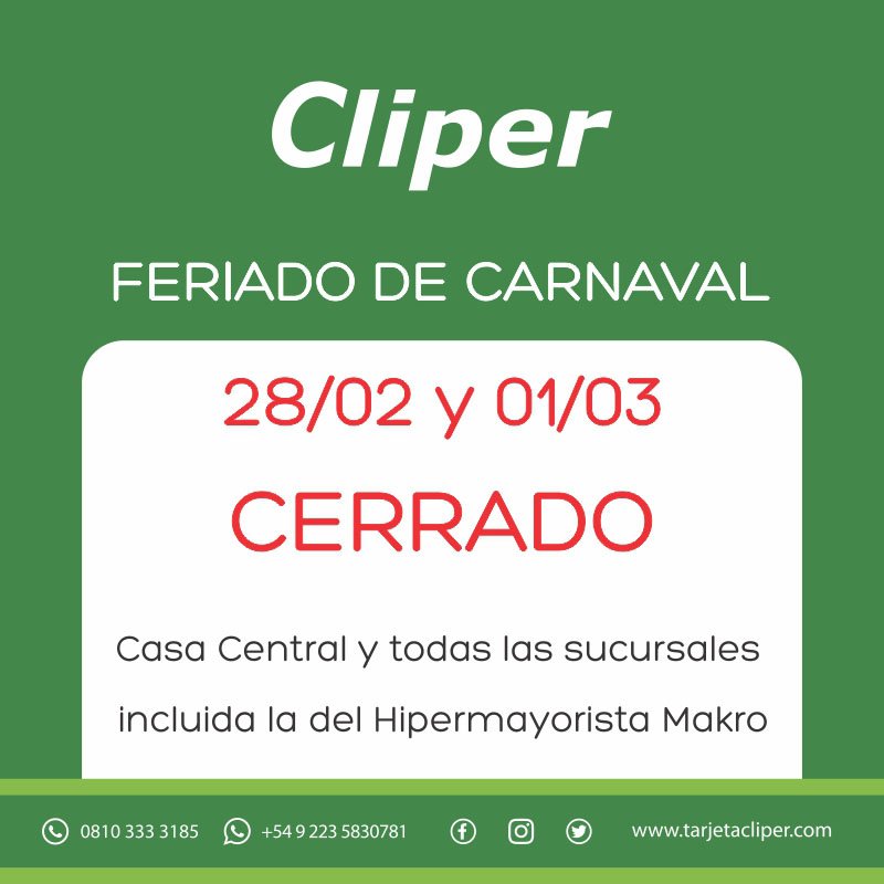TarjetaCliper's tweet photo. 🎊🎉 Feriados de Carnaval 🎊🎉

⚠️ Todas nuestras oficinas permanecerán cerradas el lunes 28 de febrero y martes 1 de marzo de 2022 😎

#tarjetacliper 
#horario
#findesemanalargo
#findexl
#Carnaval2022
#feriadosdecarnaval https://t.co/Vx9q3Tw2f3