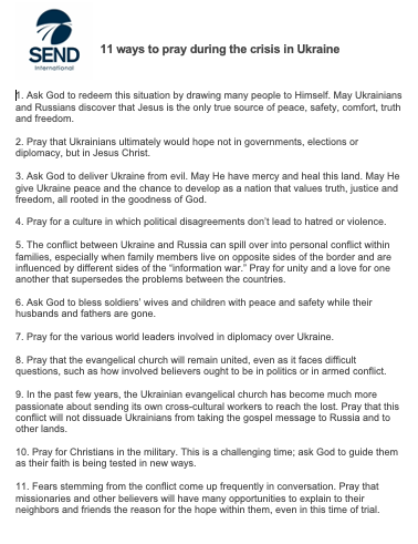theSendingColl1's tweet photo. 11 ways to pray during the crisis in Ukraine provided by https://t.co/twtNzW6a1q @SENDIntl #UkraineCrisis #UkraineRussia https://t.co/06OIil67UJ