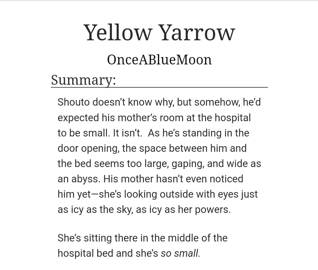 Posted one of the two ficlets I wrote for <a href="/bnhabloom/">BNHA BLOOM | COMPLETE</a> today! archiveofourown.org/works/37347190 Leftovers are still open, you can still get it if you want! x.com/bnhabloom/stat…