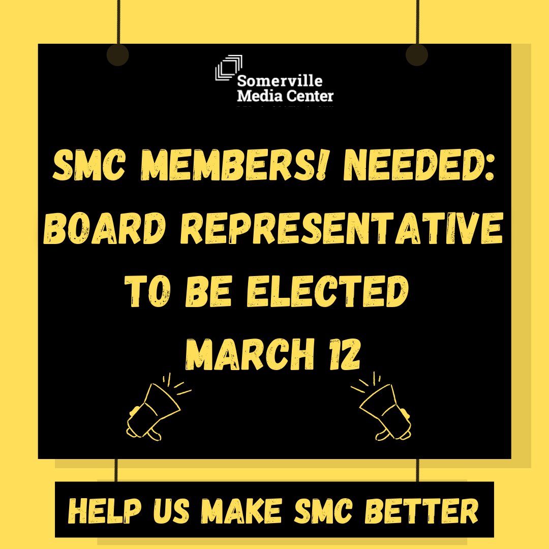 Hello SMC members! There is an opening board representative position who would represent the artists of Somerville Media Center! As a member of SMC, we encourage you to apply or nominate another SMC member for this position!
Find out more @ somervillemedia.org/new-member-rep…