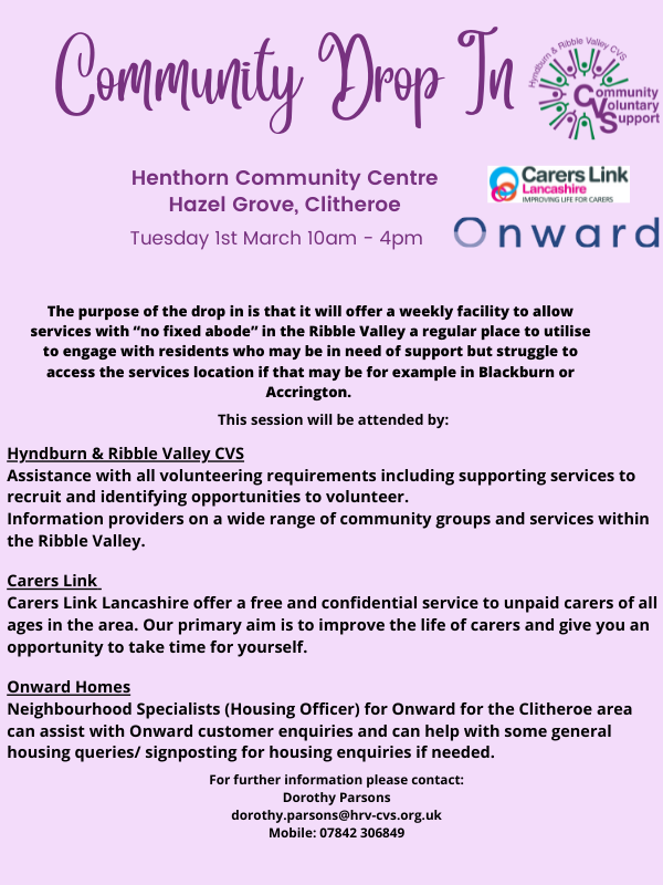 THE_HRVCVS's tweet photo. Community Drop In, Clitheroe.  A range of service providers to support the community of the Ribble Valley.  Different service providers attending on a weekly basis.  Look out for weekly flyers @THE_HRVCVS @RibbleValleyBC @Onward_Homes @CarersLinkLancs https://t.co/TLoldbIzum