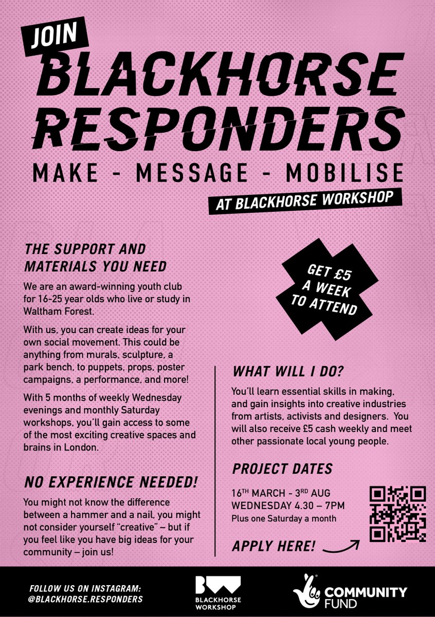 16-25 years old? Local to Waltham Forest? Join our youth club! You'll get access to amazing making skills, create your own social action project, and £5 a week in cash. Save your space now! forms.gle/BqYrNhnLeYLQzu… #youthclub #walthamforest #walthamstow #creativeactivism #youth
