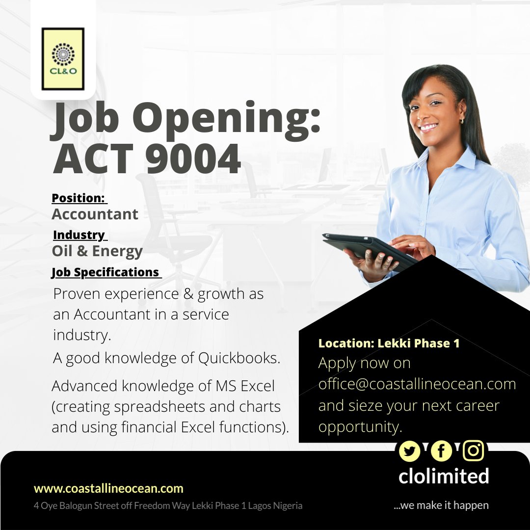 clolimited's tweet photo. Job Position: Accountant 
Location: Lekki
Sector: Oil &amp; Energy Servicing Company 
Requirements 
Must be available for immediate resumption. 
BSc &amp; MSc degree in Finance, Accounting or Economics.
Mode of application: Please send your application to office@coastallineocean.com https://t.co/4LzlNpoLf5