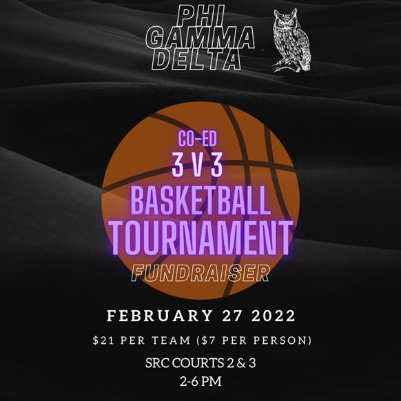 We will be hosting a 3V3 Co-ed basketball  tournament on Sunday, February 27th from 2-6 PM at the ODUSRC.
The cost is $21 a team ($7 a player). Come hoop with your favorite brothers on campus!
LINK IN THE BIO TO SIGN UP!!