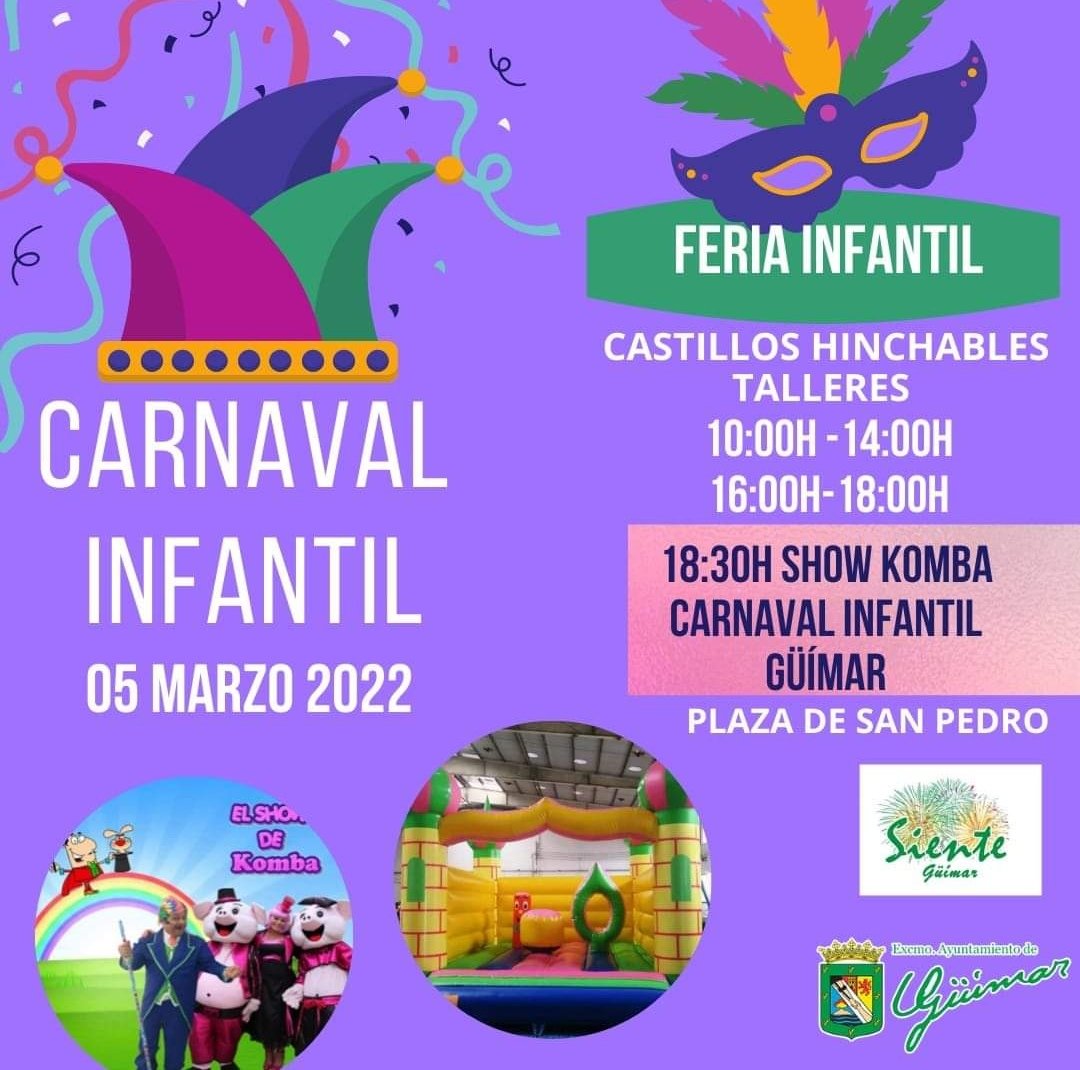 ✅La Concejalia de Fiestas te invita a disfrutar del Carnaval en Güímar!
🎉El próximo 5 de marzo llega el "Carnaval Infantil" a Güímar
Ven disfrazado y pasa un día especial en familia!
🎡Feria Infantil