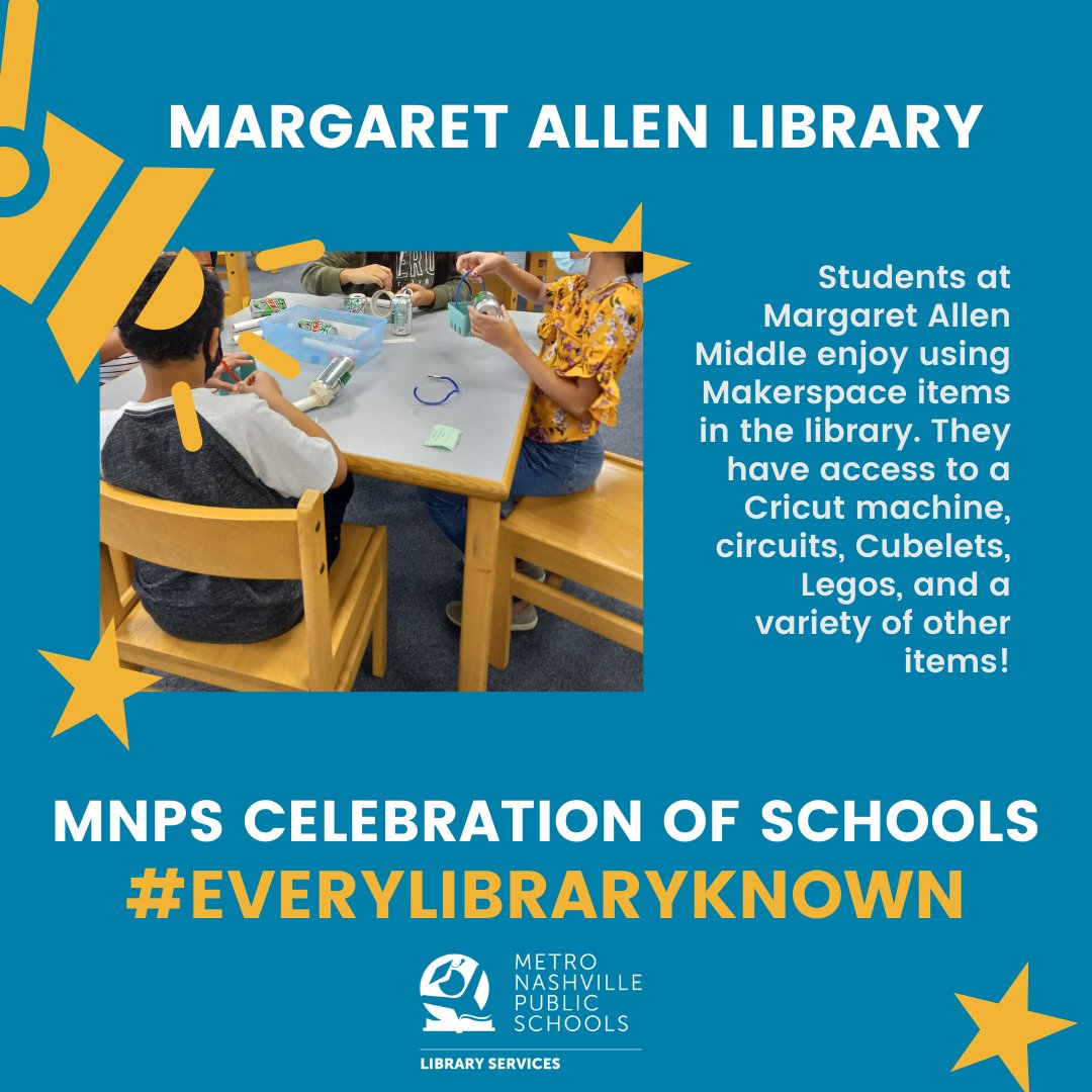 MNPSLibraries's tweet image. Students at Margaret Allen Middle enjoy using Makerspace items in the library. They have access to a Cricut machine, circuits, Cubelets, Legos, and a variety of other items! @MetroSchools #EveryLibraryKnown #CelebrationOfSchools