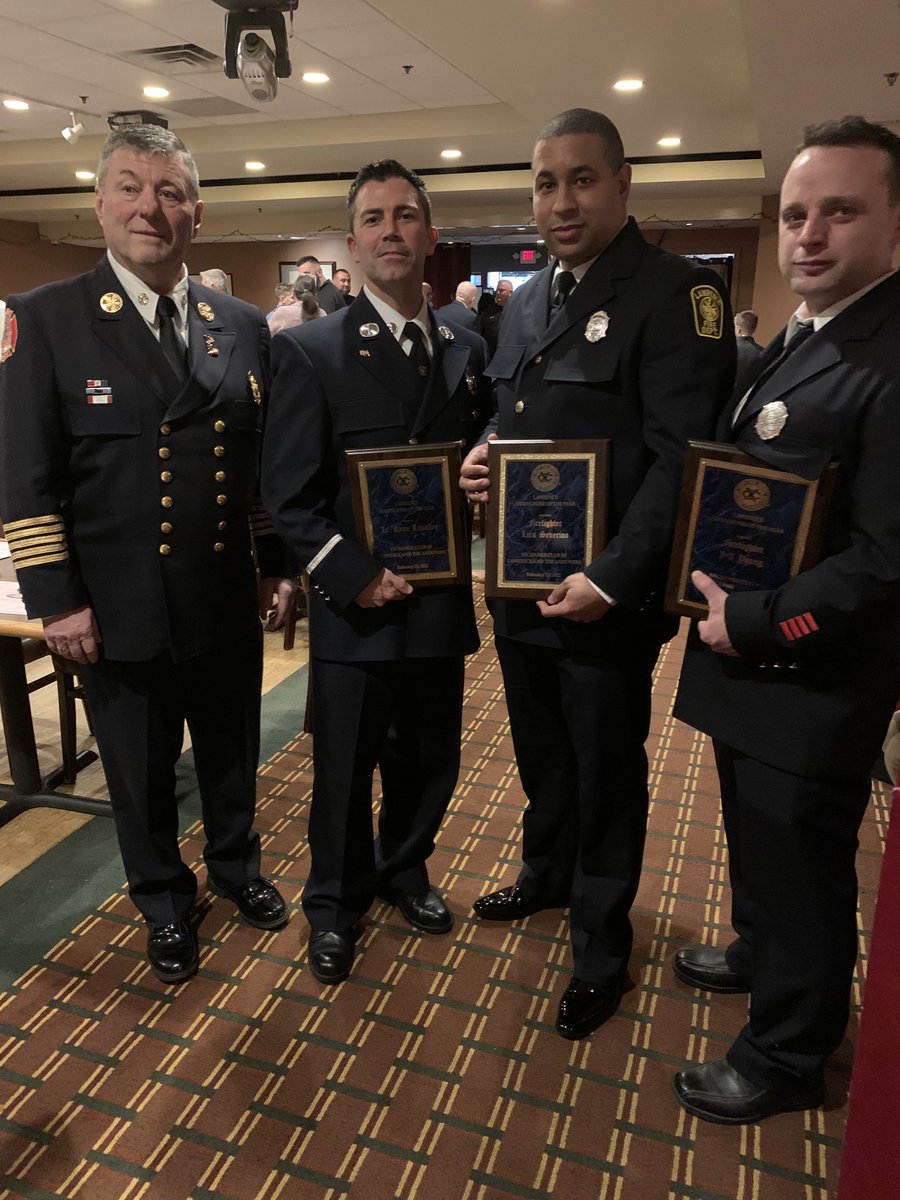 Bfmorty's tweet photo. Last night the Exchange Club of Lawrence honored 3 LFD members for saving the life of a man in a fire on Christmas Eve day. They pulled him out and resuscitated him. Congrats Lt Lavallee FF Severino and FF Young. Job well done we are all proud of your work. Thank you Exchange!! https://t.co/EL00lLFIix