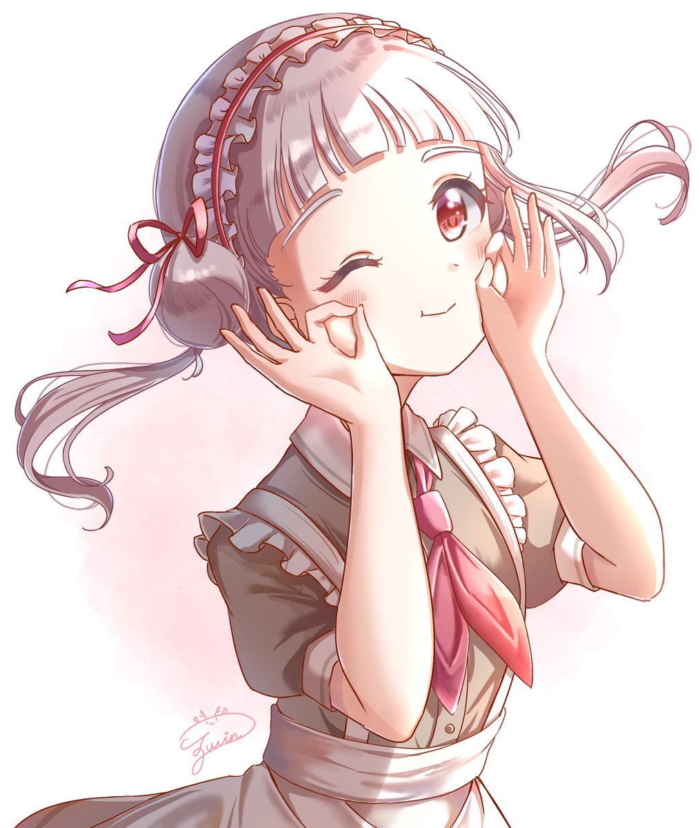 1girl solo one eye closed twintails red eyes apron bangs  illustration images