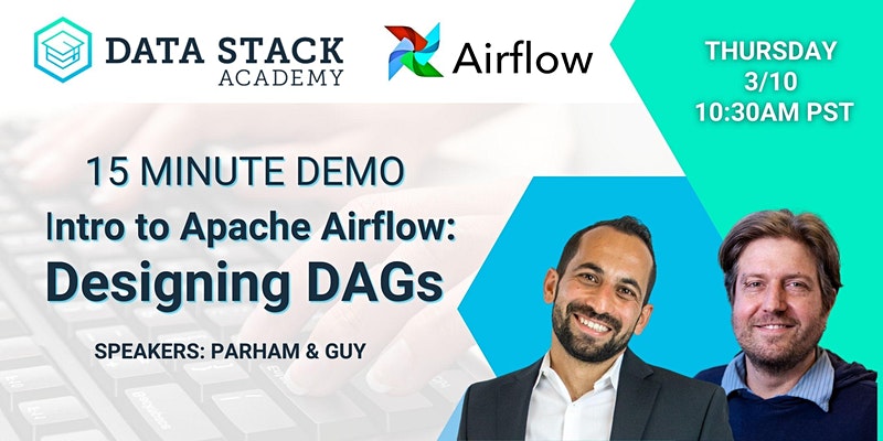 Join us Thursday, March 10th at 10:30AM PST for ‘Intro to #Apache #Airflow: Designing DAGs’.

- What is #dataengineering?
- What is airflow?
- Designing DAGs with airflow
- Run DAG on the cloud
- Resources to continue airflow learning

eventbrite.com/e/268647049557
#DataScience #data
