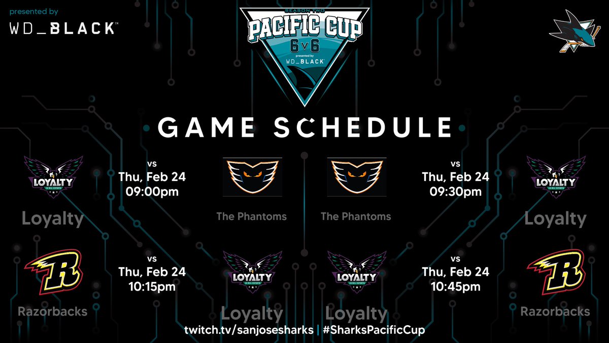 Loyalty (@loyaltynhl) on Twitter photo IT’S SHOW TIME‼️
We are back on the ice tonight at <a href="/SanJoseSharks/">San Jose Sharks</a>🦈 Pacific cup for week 3.
🆚 The Phantoms and Razorbacks
⏰ 9PM EST.
📺 twitch.tv/AskarovNHL
<a href="/leaguegaming/">Leaguegaming</a> l <a href="/wd_black/">WD_BLACK</a>
🟣⚪️🟢🦅 IT’S SHOW TIME‼️
We are back on the ice tonight at <a href="/SanJoseSharks/">San Jose Sharks</a>🦈 Pacific cup for week 3.
🆚 The Phantoms and Razorbacks
⏰ 9PM EST.
📺 twitch.tv/AskarovNHL
<a href="/leaguegaming/">Leaguegaming</a> l <a href="/wd_black/">WD_BLACK</a>
🟣⚪️🟢🦅
