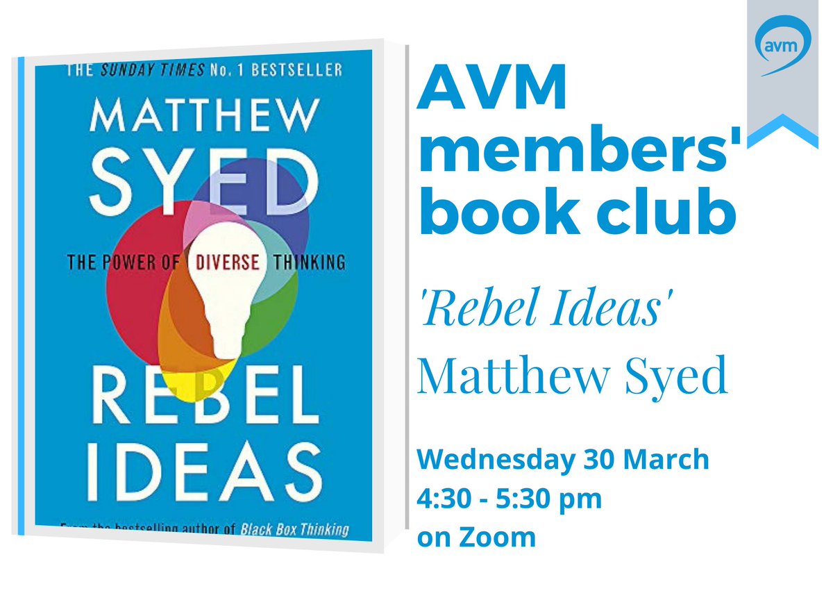 AVMtweets's tweet photo. #AVMMembers Join us for our next book club where we'll be discussing 'Rebel Ideas' &amp; the power of diverse thinking

Register now for #AVMBookClub 30 March, 4:30 - 5:30 pm

https://t.co/tCqxmH9tBd https://t.co/ZEjLExjeSg