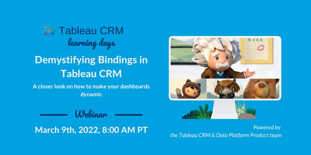 CRM_Analytics's tweet image. If you find bindings tricky, do not know when to use them, are not very comfortable with bindings in SAQL, or want to revisit the concepts then this is the webinar for you. 

📅 9th March 2022 at 8am PST
👉 sfdc.co/bpazGE