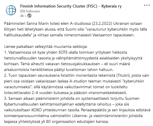 JuhoJauhiainen's tweet photo. Painavaa sanaa @FISCFi toimesta Suomen varautumisesta kyberuhkiin.

https://t.co/GCQKfYE3G2

#kyberturvallisuus @MarinSanna
 @lvmfi https://t.co/kiiwIGIBy8