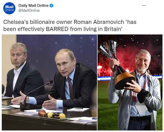 elchiringuitotv's tweet photo. 🚨 #ÚltimaHora 🚨

🇬🇧 Gran Bretaña habría prohibido a Roman Abramovich, propietario ruso del Chelsea, vivir en la nación.

👉 Le consideran uno de los 35 "cómplices" del régimen de Putin.

Vía Daily Mail https://t.co/k7vO5TWURi