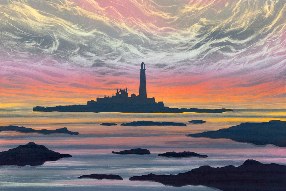 This piece was commissioned by a local couple who have a special fondness for this well known North East landmark. The lighthouse is white in colour but, after a lot of consideration, I decided to be bold and show it silhouetted against a colourful dawn. rebecca-vincent.co.uk/product-page/d…
