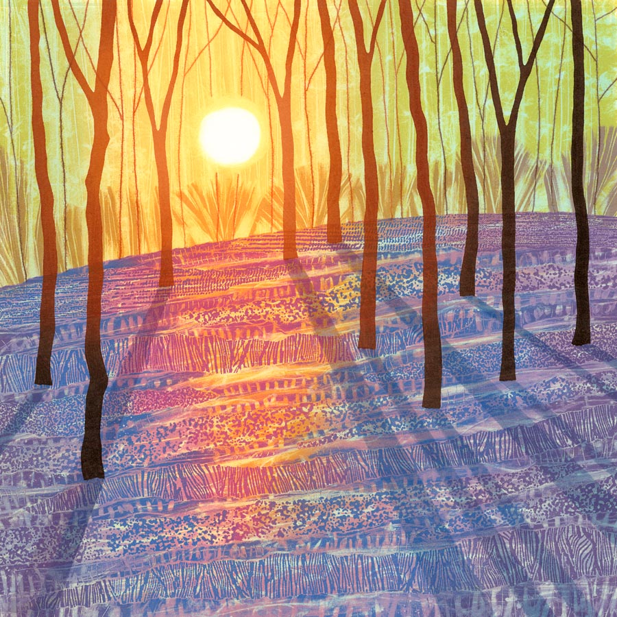 I used different techniques to form unique patterns to give the illusion of bluebells on a forest floor, and I especially love the way the sunshine peeks through the trees to illuminate them. 
Available as a greetings card - rebecca-vincent.co.uk/product-page/b…