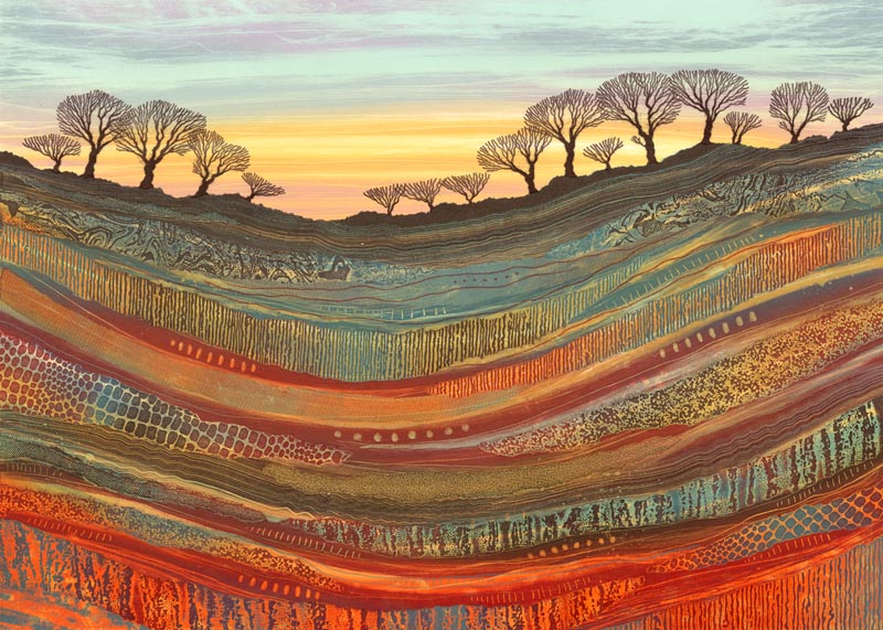 With the wavy stripes going horizontally, this large piece is more suggestive of geology with layers and layers descending below the trees. I'm pleased with the sky here which is fresh and natural with just two layers or colour. rebecca-vincent.co.uk/twitter-welcome