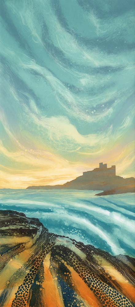 Bamburgh Castle is an iconic image on the Northumberland coast. The challenge for me here was to bring together the elements of sky, sea, rocks and castle in an interesting and uncliched way. Available here - rebecca-vincent.co.uk/product-page/e… #bamburghcastle #artgallery