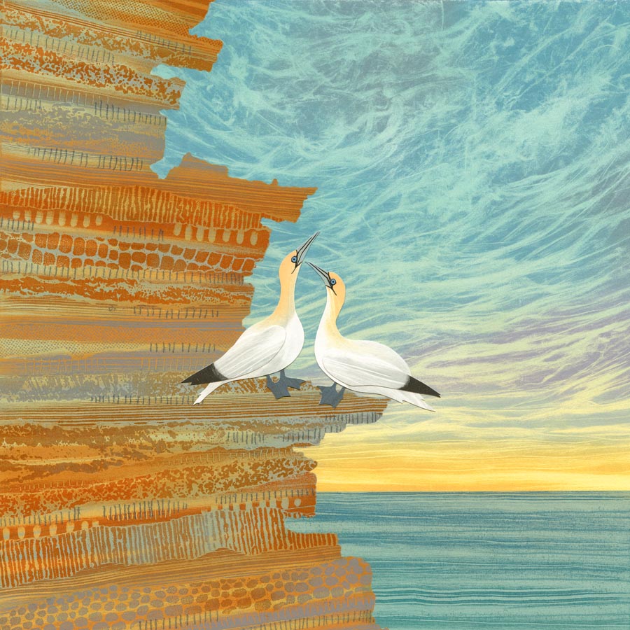 This is as close as I get to a Valentine's card! Two lovely gannets with their soft markings are engaging in their characteristic mating ritual whilst teetering on a cliff edge! 'Falling in Love' greetings card available. #valentine rebecca-vincent.co.uk/product-page/g…
