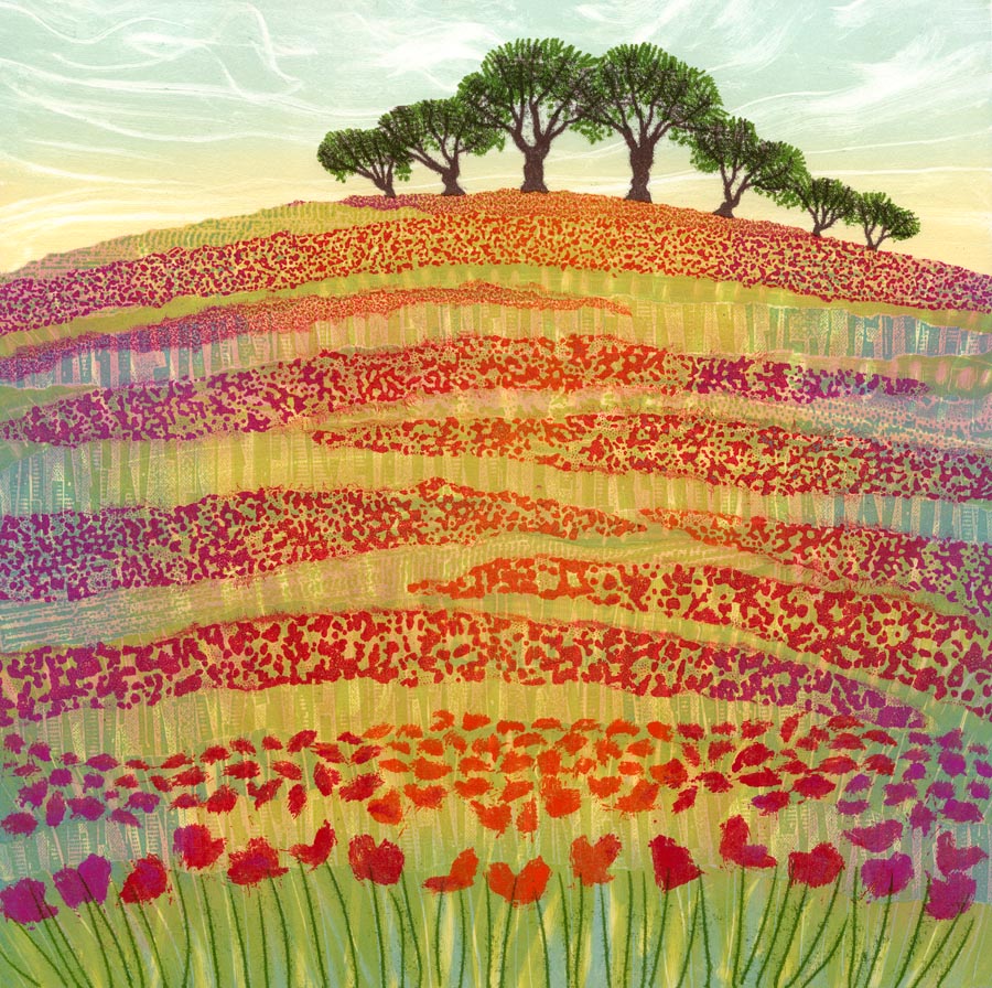 Flowers of the Field: Have you seen any good poppy fields lately? Their glorious colours are breathtaking. It's a challenge for an artist! I used layers of coloured ink printed with textured materials. Original now in the USA. Greeting cards available. rebecca-vincent.co.uk/product-page/p…